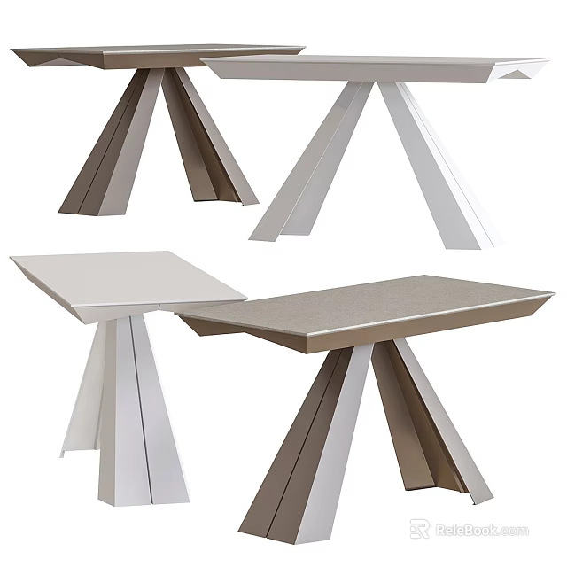 Modern Dining Table Designs With Geometric Bases And Smooth Surfaces In White And Metallic Tones 3d model 