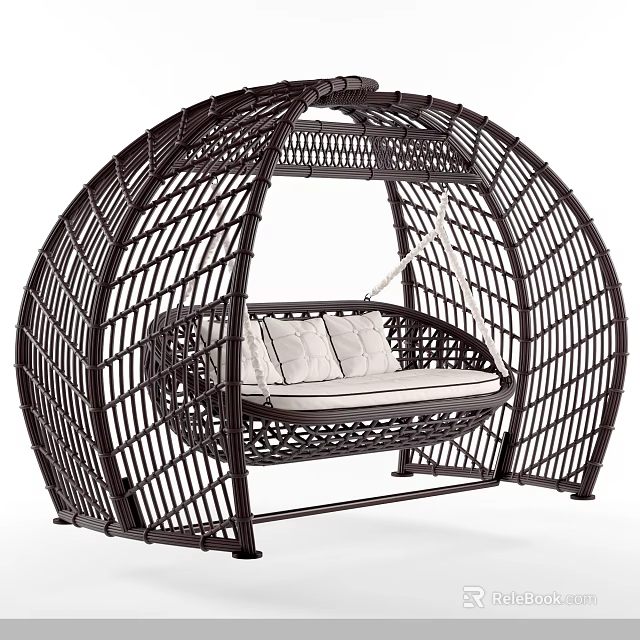 Stylish Rattan Hanging Chair With Arch Frame And Cushioned Seat For Outdoor Indoor Use 3d model 