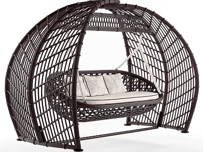 Stylish Rattan Hanging Chair With Arch Frame And Cushioned Seat For Outdoor Indoor Use 3d model