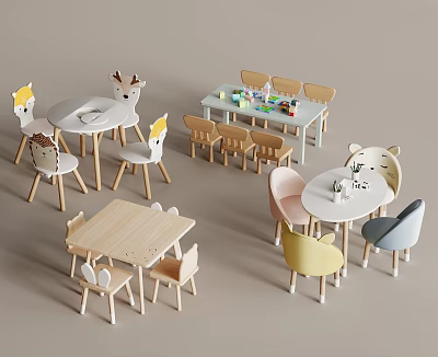 Cute Kids Wooden Table and Chair Sets with Animal Design Backrests 3d model