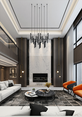 Modern Duplex Living Room Villa Living Room Sofa Coffee Table Chandelier Hanging Picture TV 3d model