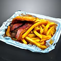 Tasty Roast Beef with French Fries and Bun in Foil Takeout Container