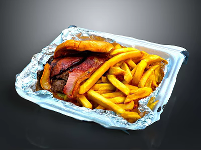 Tasty Roast Beef with French Fries and Bun in Foil Takeout Container 3d model