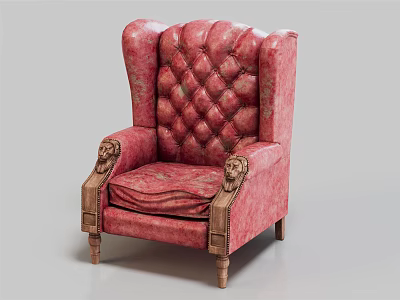 Red Tufted Single Sofa With Carved Armrests And Wooden Legs 3d model