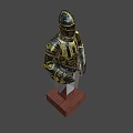Ornate Knight Armor With Golden Black Decoration On Wooden Display Base