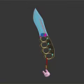 Knife With Teal Blade Black Handle Circular Holes And Pink Decorative Pendant