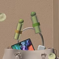 Transparent Cylindrical Cosmetic Products With Green Yellow Labels Tablet And Headphones In Bag