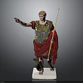 Roman Warrior Statue With Gold Silver Armor Spear And Red Cloak On White Pedestal
