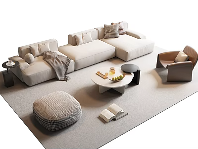 Beige L Shaped Sofa With Cushions Throw And Coffee Table Set With Fruit Ottoman 3d model