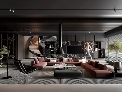 Modern Living Room Interior Design With Red Sofa Black Fireplace Spiral Staircase And Green Plant 3d model