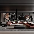 Modern Living Room Interior Design With Red Sofa Black Fireplace Spiral Staircase And Green Plant
