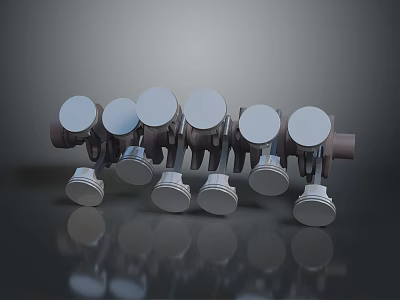 Multiple Silver Colored Piston Connecting Rod Assemblies Neatly Arranged With Reflective Surface On Dark Background 3d model