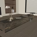 Wooden Log Bench on Carpet with White Round Cushions Small Black Table and Plant Decorations