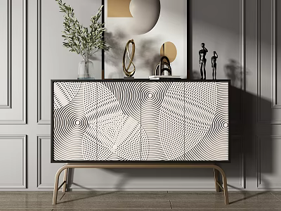 Modern Minimalist Console Cabinet With Black White Geometric Doors Golden Legs And Decorative Items 3d model