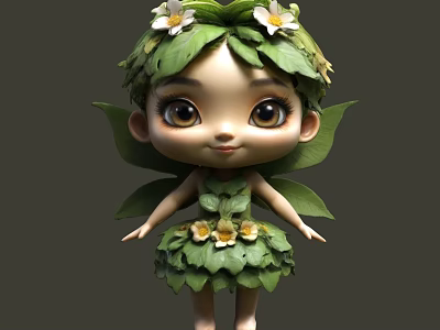 Cute Leaf Fairy Doll With Green Leaf Hair Wings And White Yellow Flowers 3d model