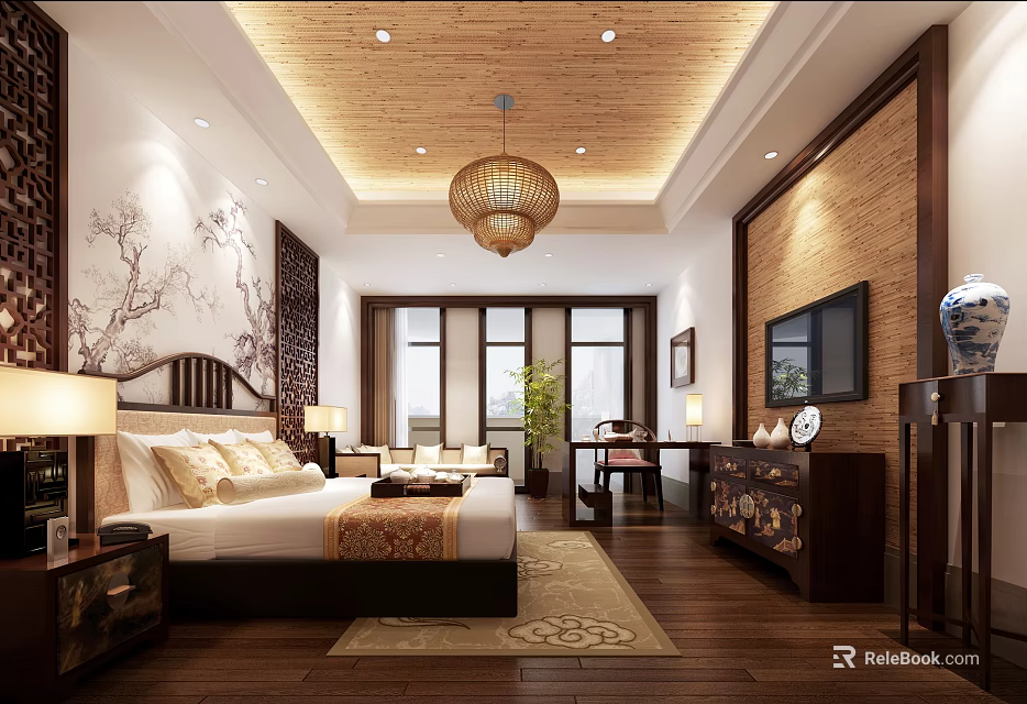 Chinese Style Hotel Guest Room With Wooden Ceiling Chandelier Decorative Painting And TV 3d model 