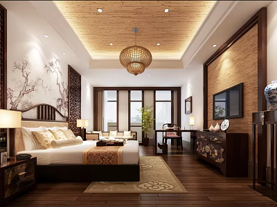 Chinese Style Hotel Guest Room With Wooden Ceiling Chandelier Decorative Painting And TV 3d model