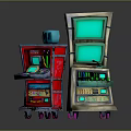 Vintage Electronic Arcade Machines With Red Silver Design Multiple Screens And Control Panels