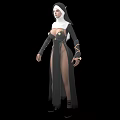 Woman in modern nun habit with high slit and gold accents shown from multiple angles