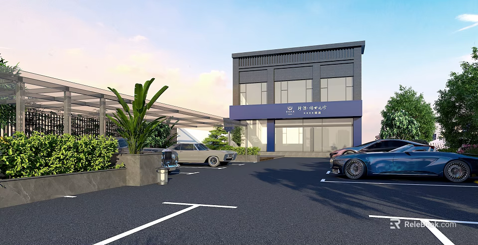 Modern Parking Lot With Two Story Building Blue Signage Parked Cars And Greenery 3d model 