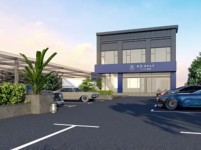 Modern Parking Lot With Two Story Building Blue Signage Parked Cars And Greenery 3d model