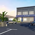 Modern Parking Lot With Two Story Building Blue Signage Parked Cars And Greenery