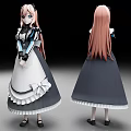 Game Movie Character 3D Model Featuring Long Pink Hair Black White Dress Front Back Views