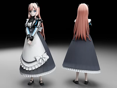 Game Movie Character 3D Model Featuring Long Pink Hair Black White Dress Front Back Views 3d model