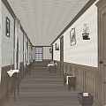 Vintage Style Elevator Hallway With Wooden Decor Arched Door Windows Wall Lamps And Rug