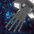 Futuristic Photo Spot With Silver Mechanical Hand Blue Lights Tunnel Structure And Reflective Water