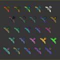 Multiple Colorful Birds Flying Against Black Background With Dynamic Postures