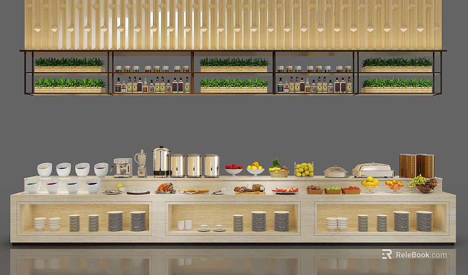 Elegant Buffet Station With Assorted Foods Fresh Fruits Tableware And Wooden Shelves 3d model 