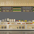 Elegant Buffet Station With Assorted Foods Fresh Fruits Tableware And Wooden Shelves