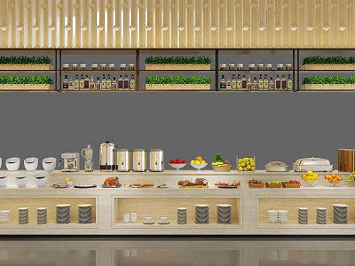 Elegant Buffet Station With Assorted Foods Fresh Fruits Tableware And Wooden Shelves 3d model