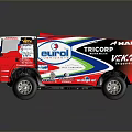 Red Eunil Trucks Racing Vehicle With Brand Logos And Decorative Graphics