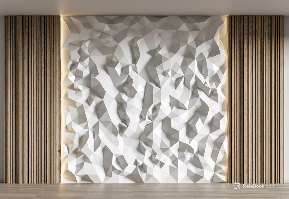 Modern Interior With Polygonal Wall And Wooden Slat Panels 3d model 