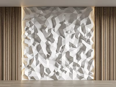 Modern Interior With Polygonal Wall And Wooden Slat Panels 3d model