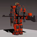 Red Mechanical Robot With Golden Horns Holding Long Weapon And Detailed Design