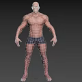 Muscular Bald Man 3D Model Standing in Blue Shorts and Bare Torso