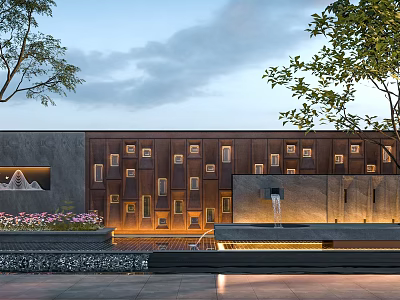 Modern Building Exterior With Copper Wall Multiple Windows Fountain Green Plants And Flowers 3d model