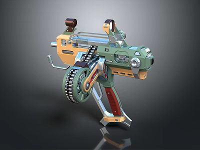 Steampunk Mechanical Gun 3D Model With Green Orange Red Gears And Metallic Parts 3d model