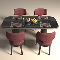 Dining Table Set With Rectangular Black Marble Top Red Curved Backrest Chairs And Tableware Fruits 3d model
