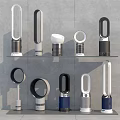 Modern Bladeless Fans Display With Various Sleek Designs On Shelves