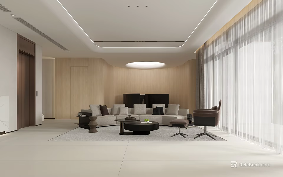 Modern Living Dining Room Interior With Light Wood Walls Windows Beige Sofa Black Coffee Table 3d model 