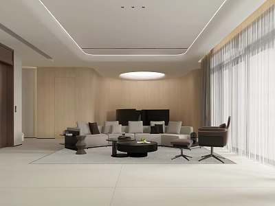 Modern Living Dining Room Interior With Light Wood Walls Windows Beige Sofa Black Coffee Table 3d model
