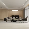 Modern Living Dining Room Interior With Light Wood Walls Windows Beige Sofa Black Coffee Table
