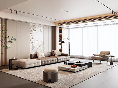 Modern Elegant Luxury Living Room With Leather Sofa Marble Coffee Tables And Bright Sheer Curtains 3d model