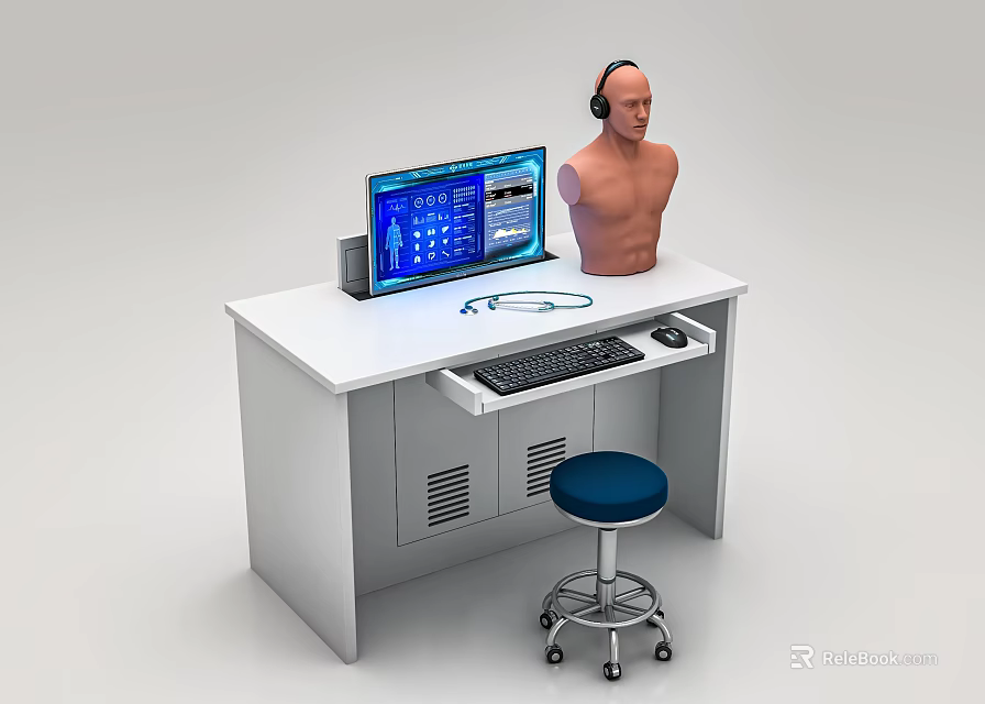Computer Workstation Desk With Monitor Displaying Charts Interface Headphones Human Torso Model Keyboard And Mouse 3d model 