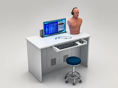 Computer Workstation Desk With Monitor Displaying Charts Interface Headphones Human Torso Model Keyboard And Mouse 3d model