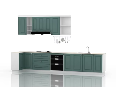 Modern Green Kitchen Interior With Upper Lower Cabinets Drawers And Black Appliances 3d model